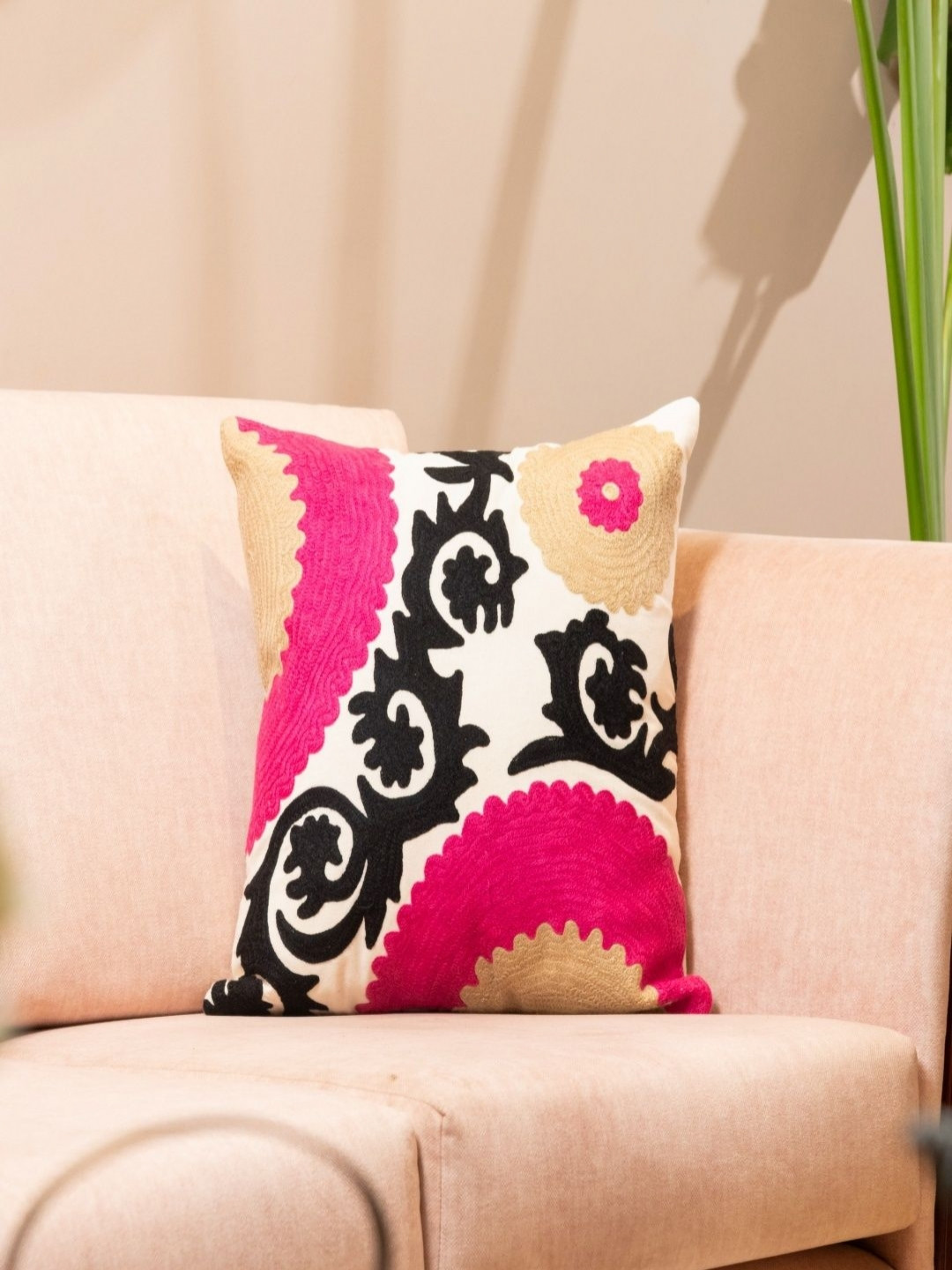 Revive Home Pink & White Abstract Square Cotton Cushion Cover