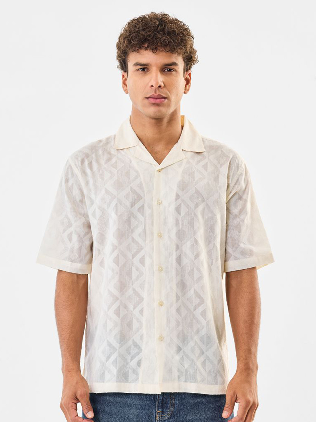 Snitch Self Design Pure Cotton Boxy Semi Sheer Casual Shirt