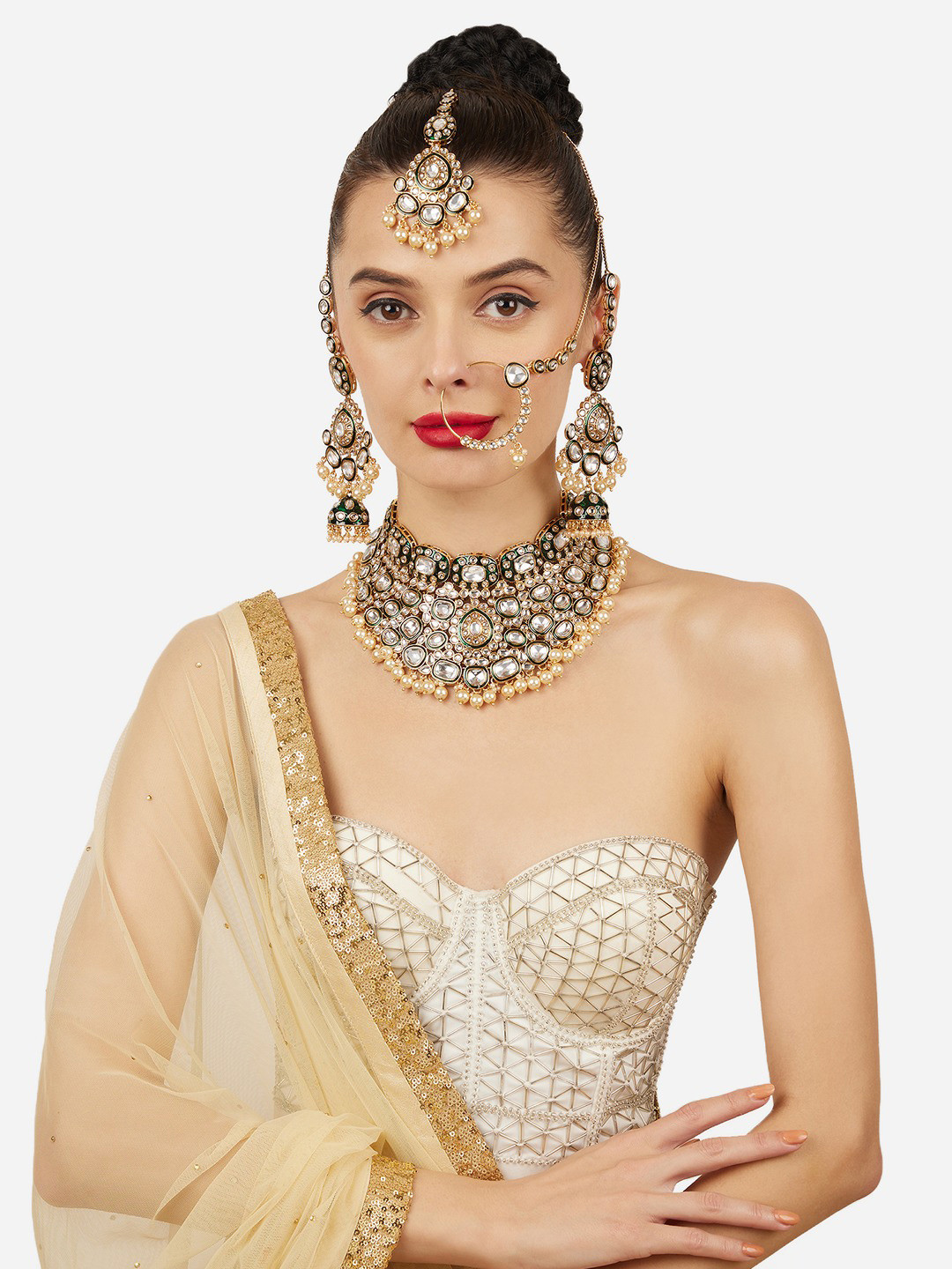 Zaveri Pearls Gold-Plated Meenakari Artificial Stones Studded Choker Necklace & Earrings