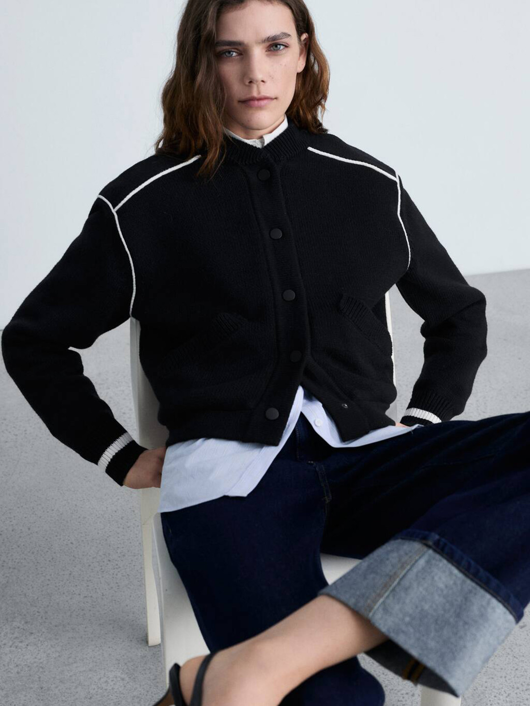 MANGO Stand Collar Tailored Jacket with Contrast Piping