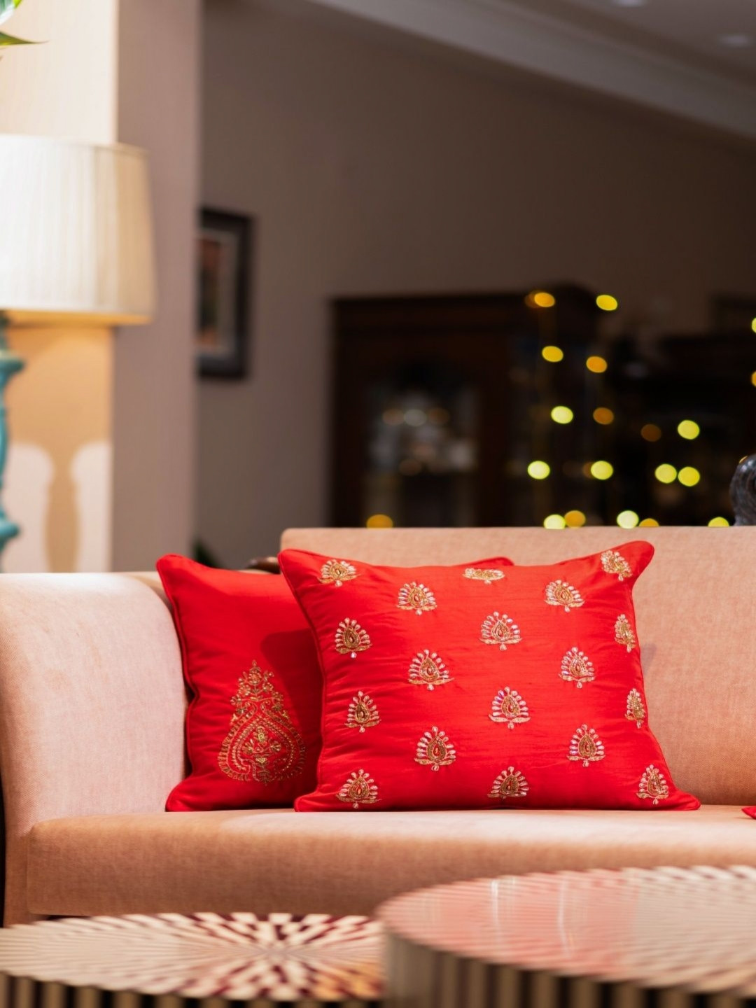Revive Home Red 2 Pieces Floral Printed Square Cushion Covers