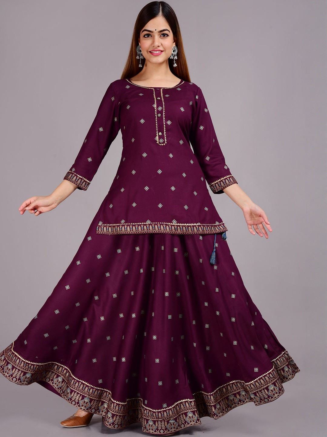 Little Lady Ethnic Motifs Printed Round Neck Gotta Patti A-Line Kurta With Skirt