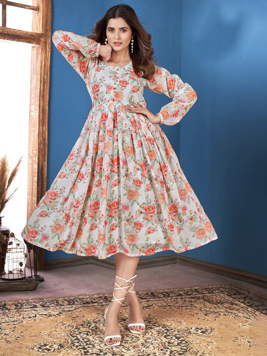 DAATAR Floral Printed Gathered or Pleated Georgette Fit & Flare Midi Dress