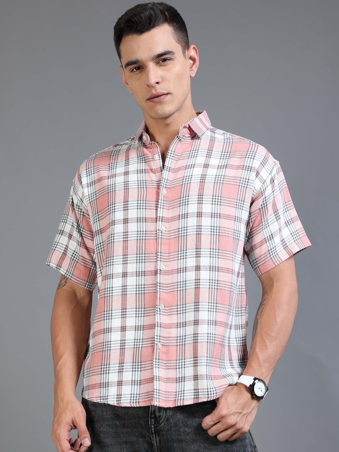 Kolor Fusion Men Peach Checked Oversized Casual Shirt