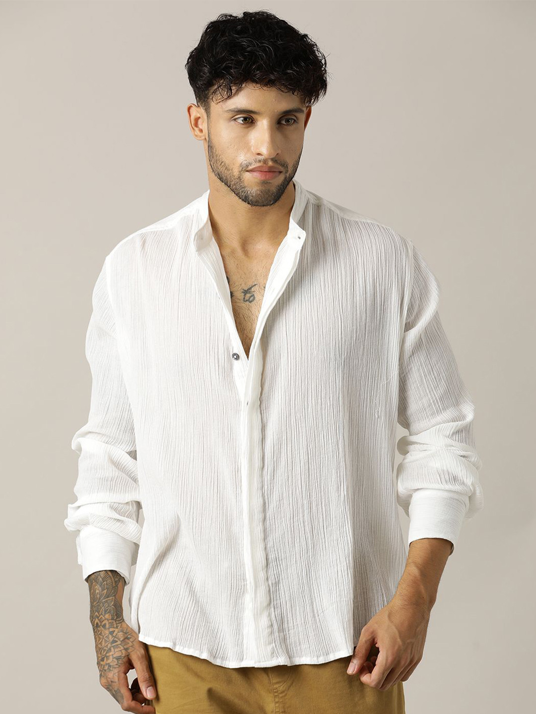 Paper Cut Relaxed Fit Textured Band Collar Cotton Shirt