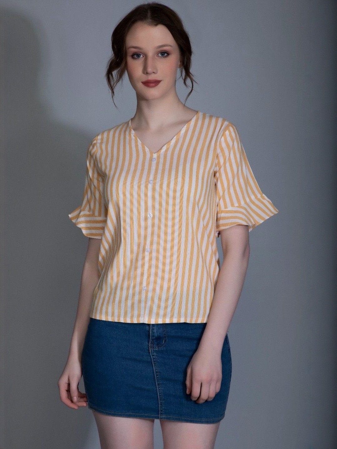 M&H Easy Vertical Stripes Bell Sleeves Cotton Top