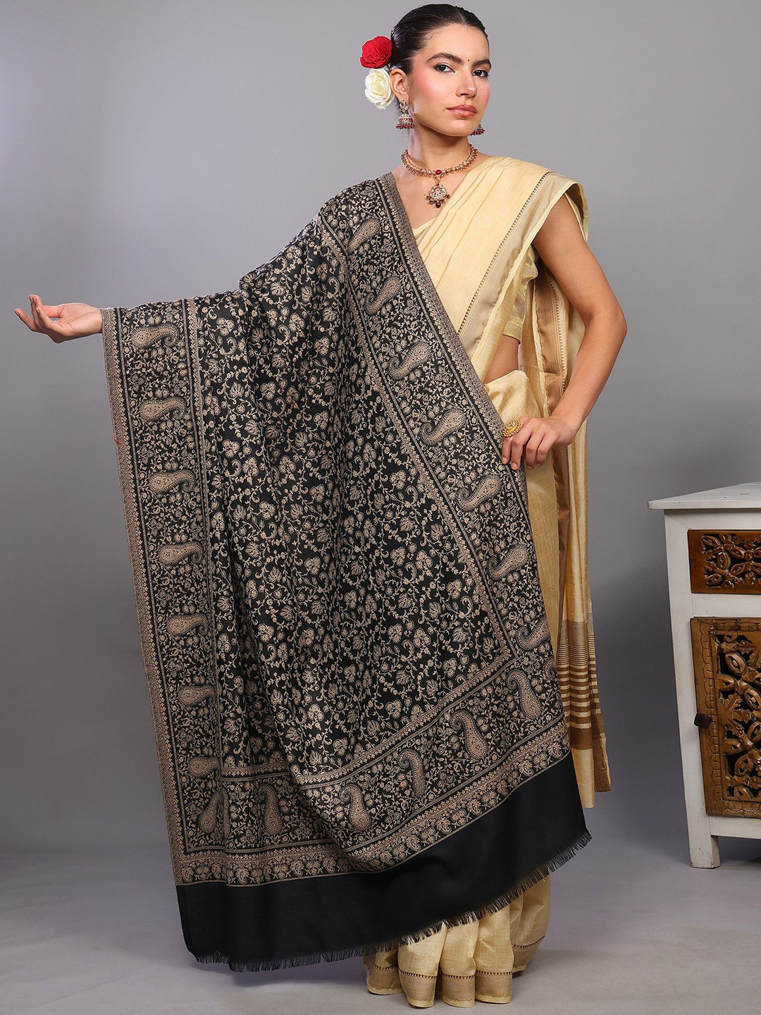 Exotic India Kani Jamawar Woollen Shawl From Amritsar With Woven Paisley & Floral Sprigs