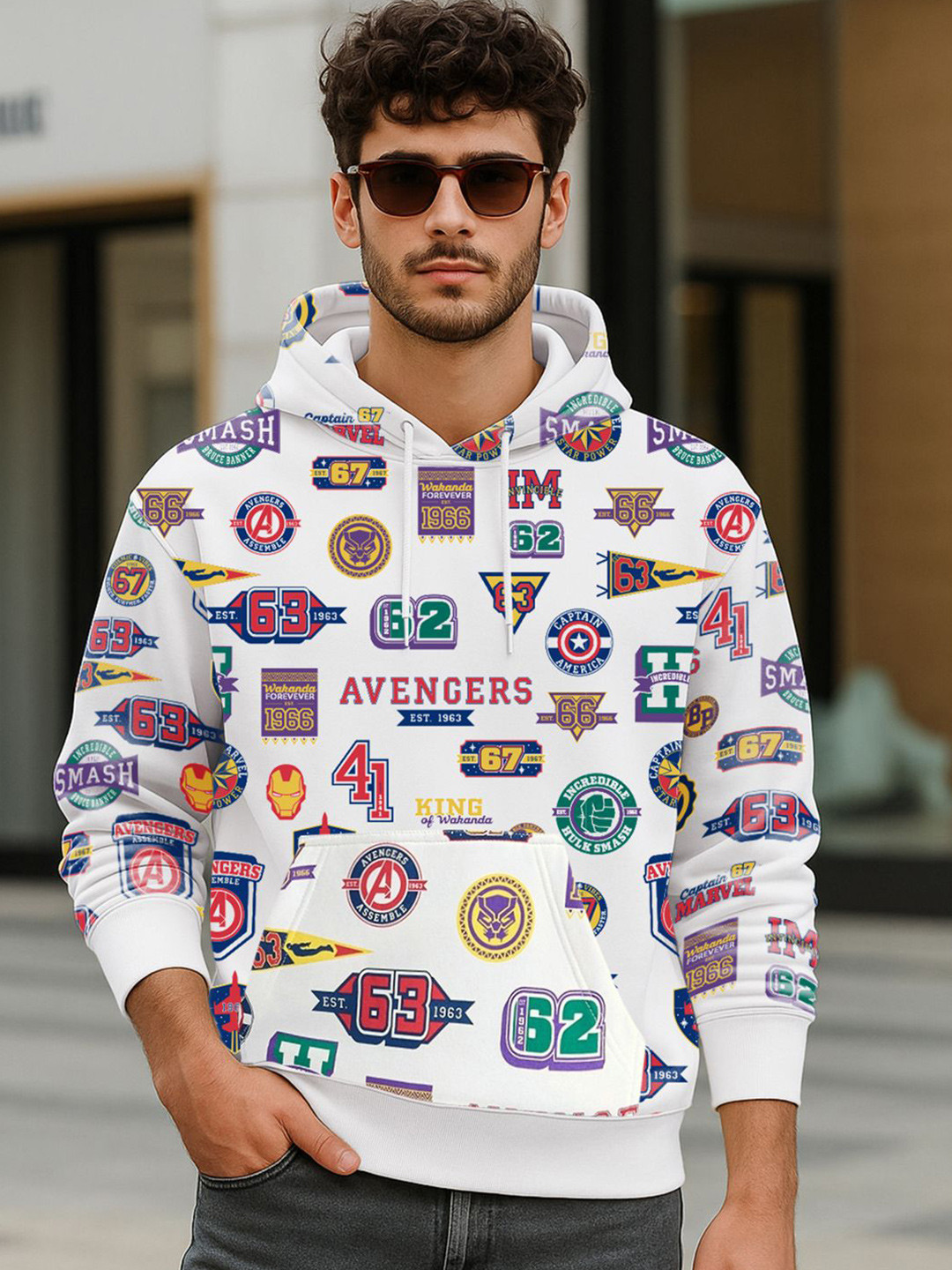 Bewakoof Official Marvel Merchandise Men's Bright White All Over Printed Oversized Hoodies