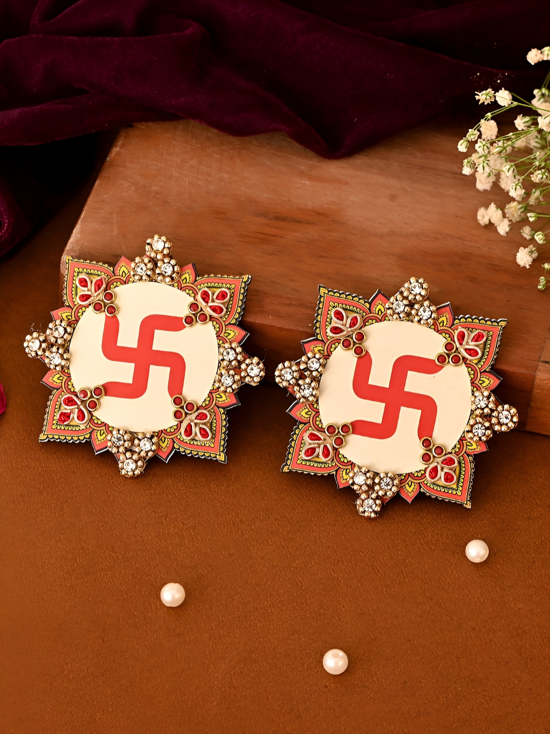 Aapno Rajasthan 2 Pieces Red & White Crystal Studded Swastik Wall Accents Festive Decor