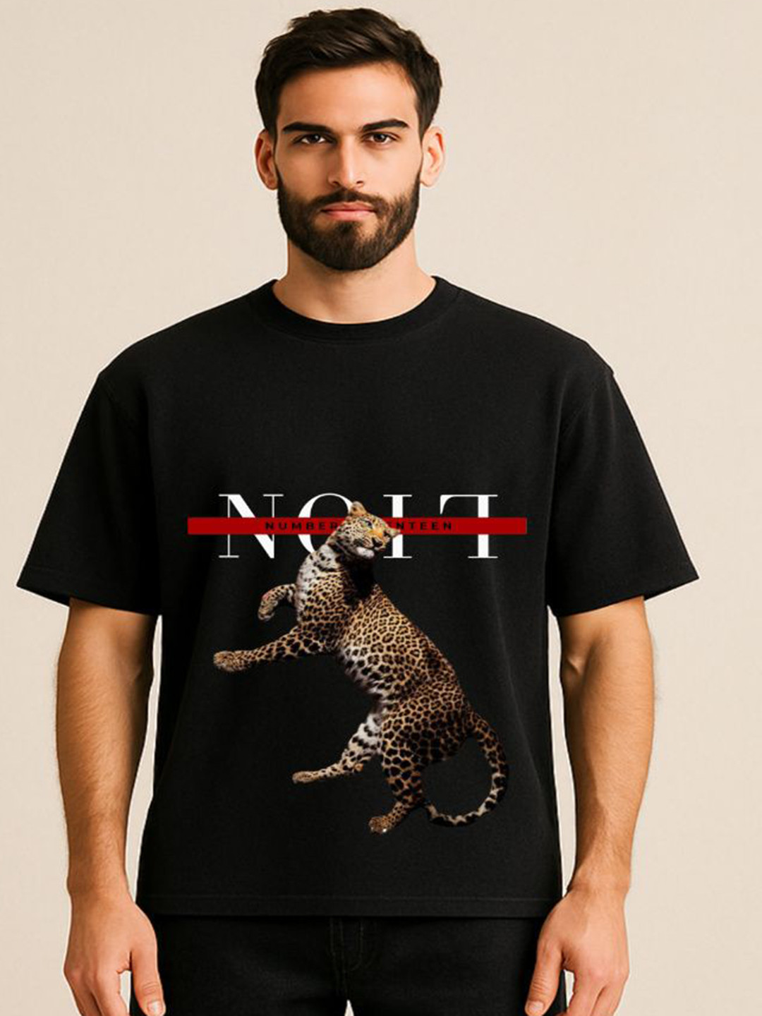 IDEAMEN Animal Printed Cotton Round Neck Oversized T-shirt