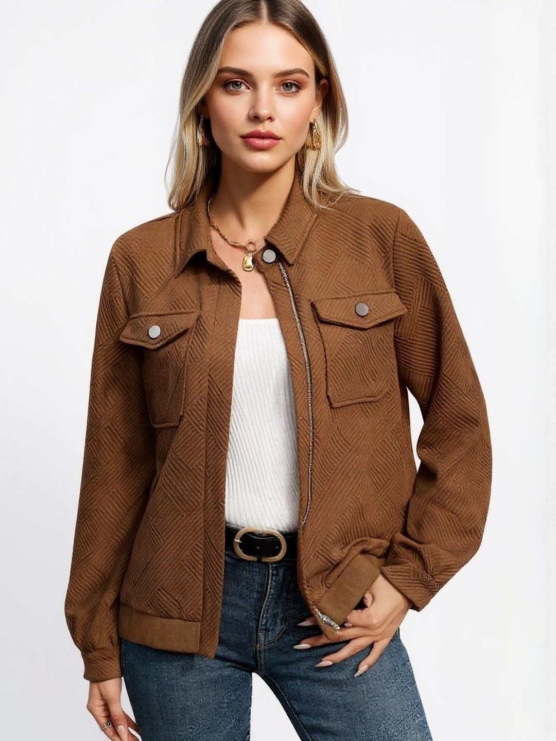 DressBerry Women Coffee Brown Solid Long Sleeves Jackets