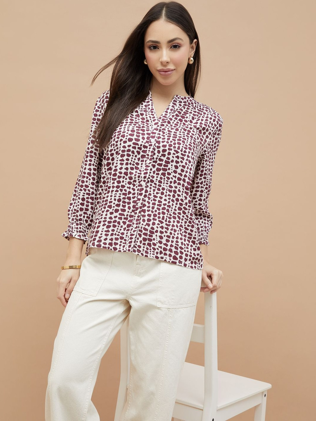Fame Forever by Lifestyle Women Abstract Printed Mandarin Collar Shirt Style Top