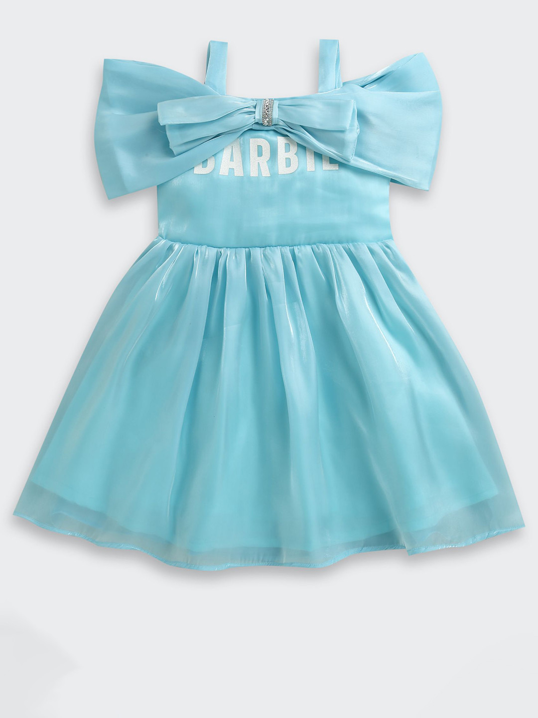Tiny Girl Solid Typography Off-Shoulder Bow Fit & Flare Dress