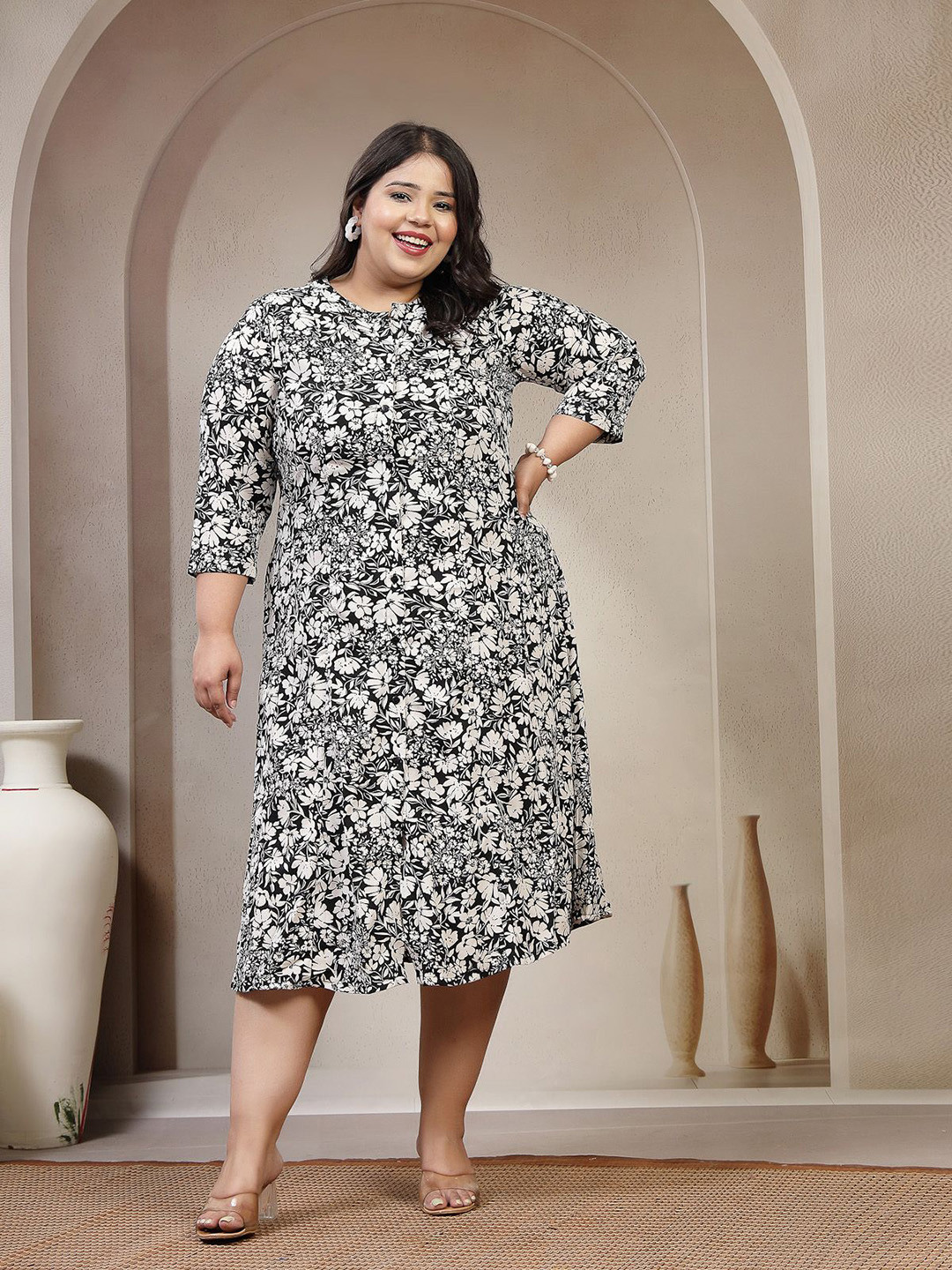 plusS Plus Size Floral Printed Round Neck Shirt Midi Dress