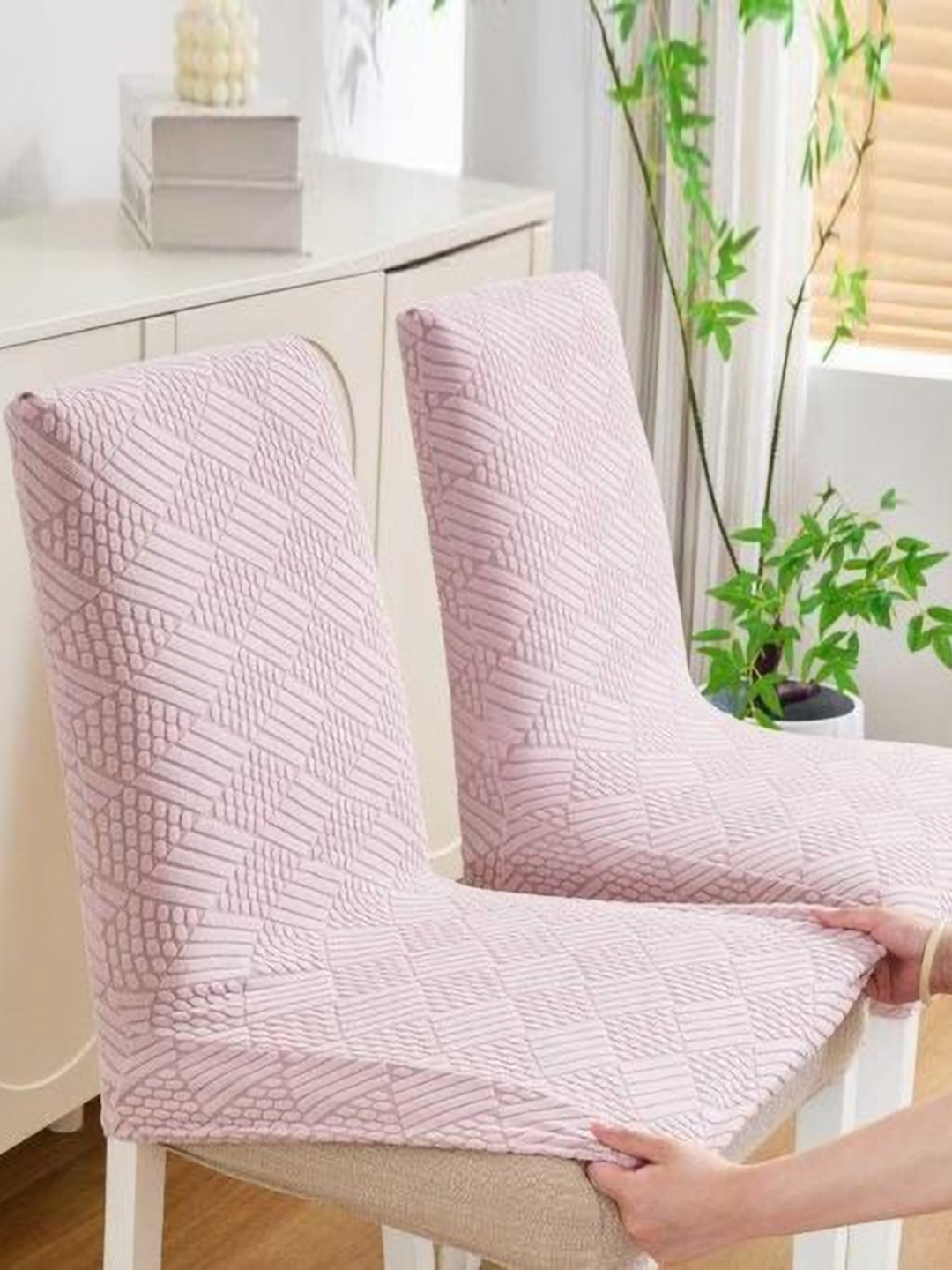 HOMETHREADS Pink 2 Pieces Textured Jacquard Chair Covers