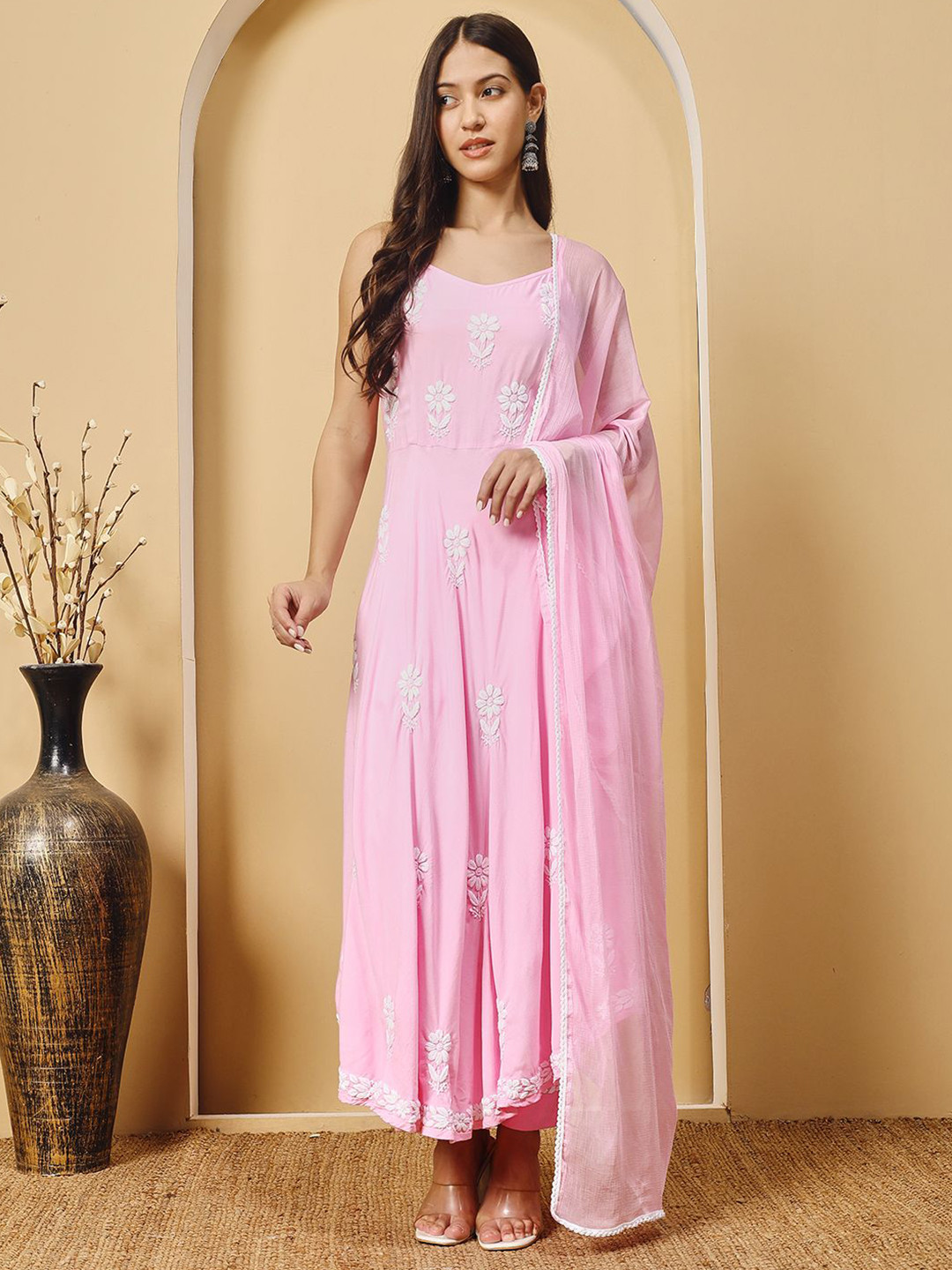 CULTUREDRAP Women Pink Rayon Anarkali Long Chikankari Kurta Set