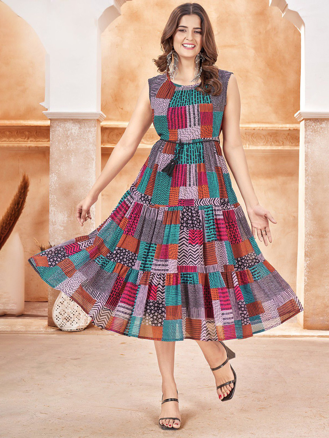 DAATAR Women Printed Gathered Georgette Fit & Flare Midi Dress