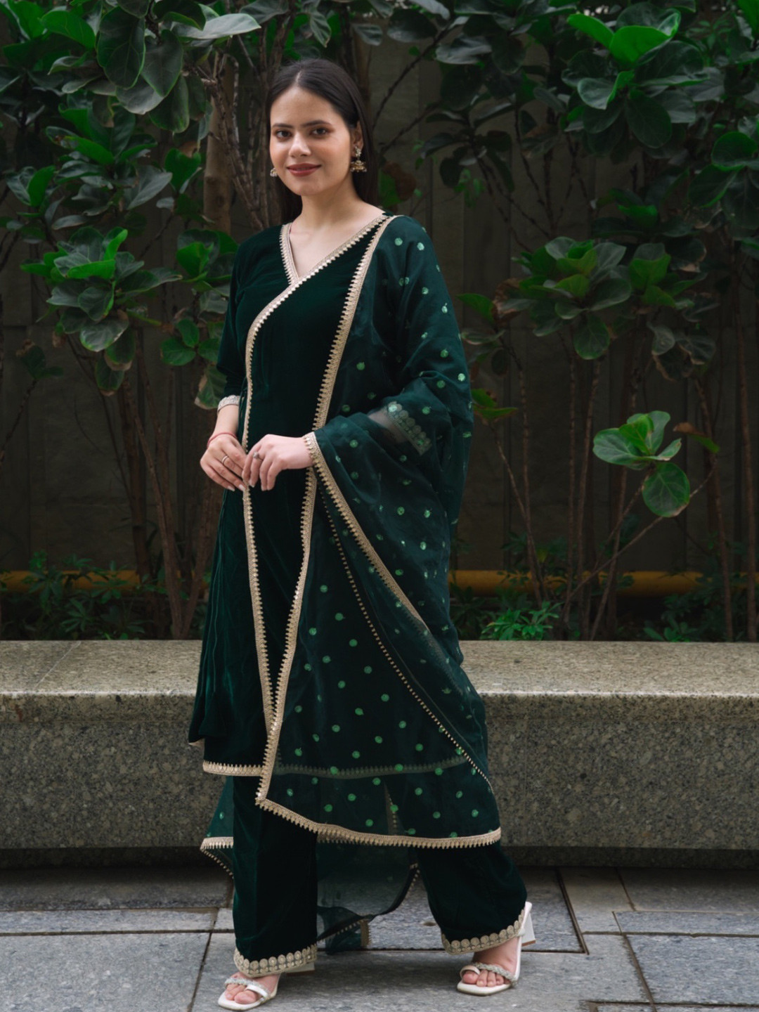 Akaya Embroidered V-Neck Gotta Patti Velvet A-Line Kurta With Palazzos & Dupatta