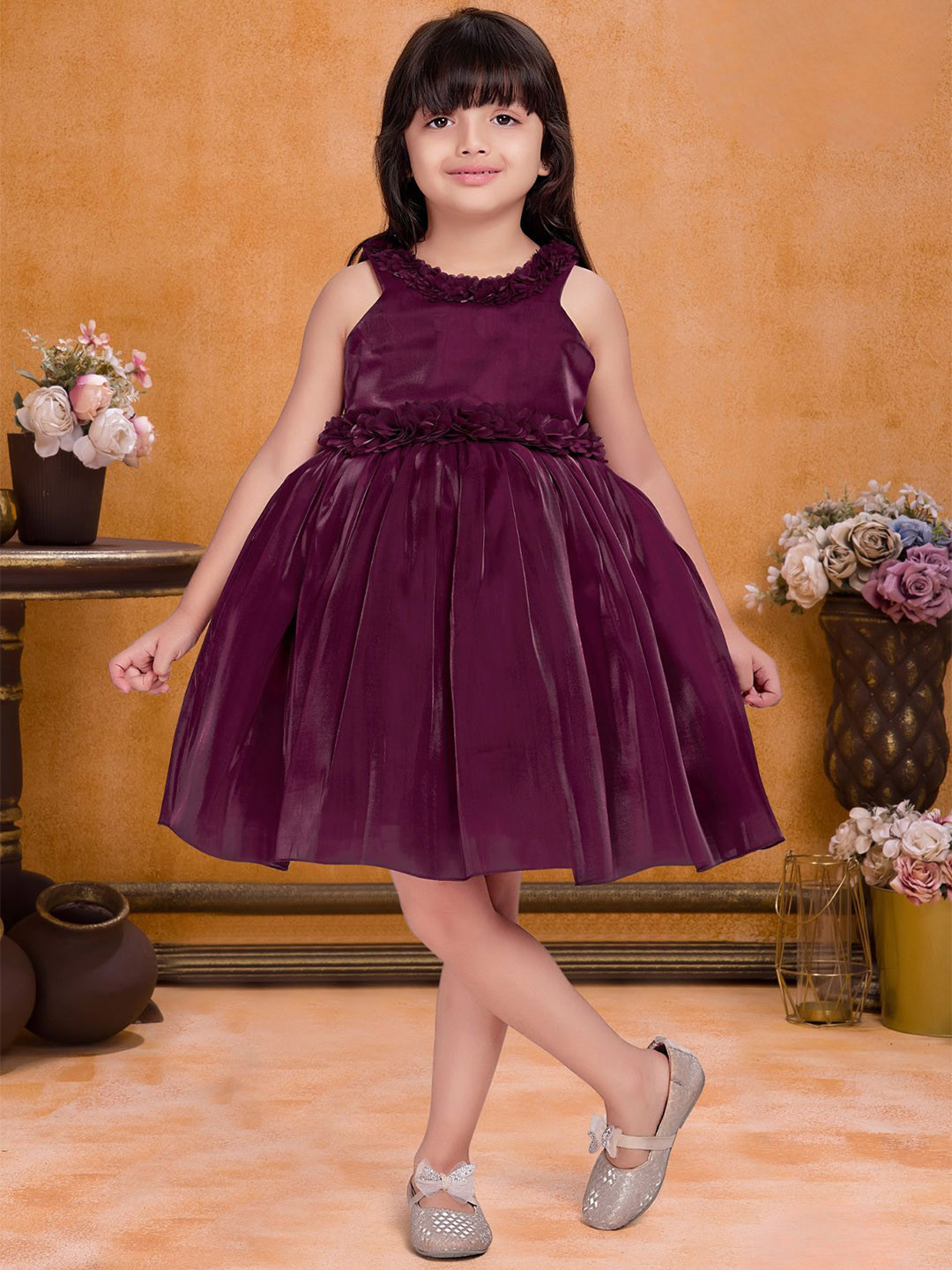 Lagorii purple Girls Satin Party Wear Fit and Flare Dress with Floral Appliqu Detailing