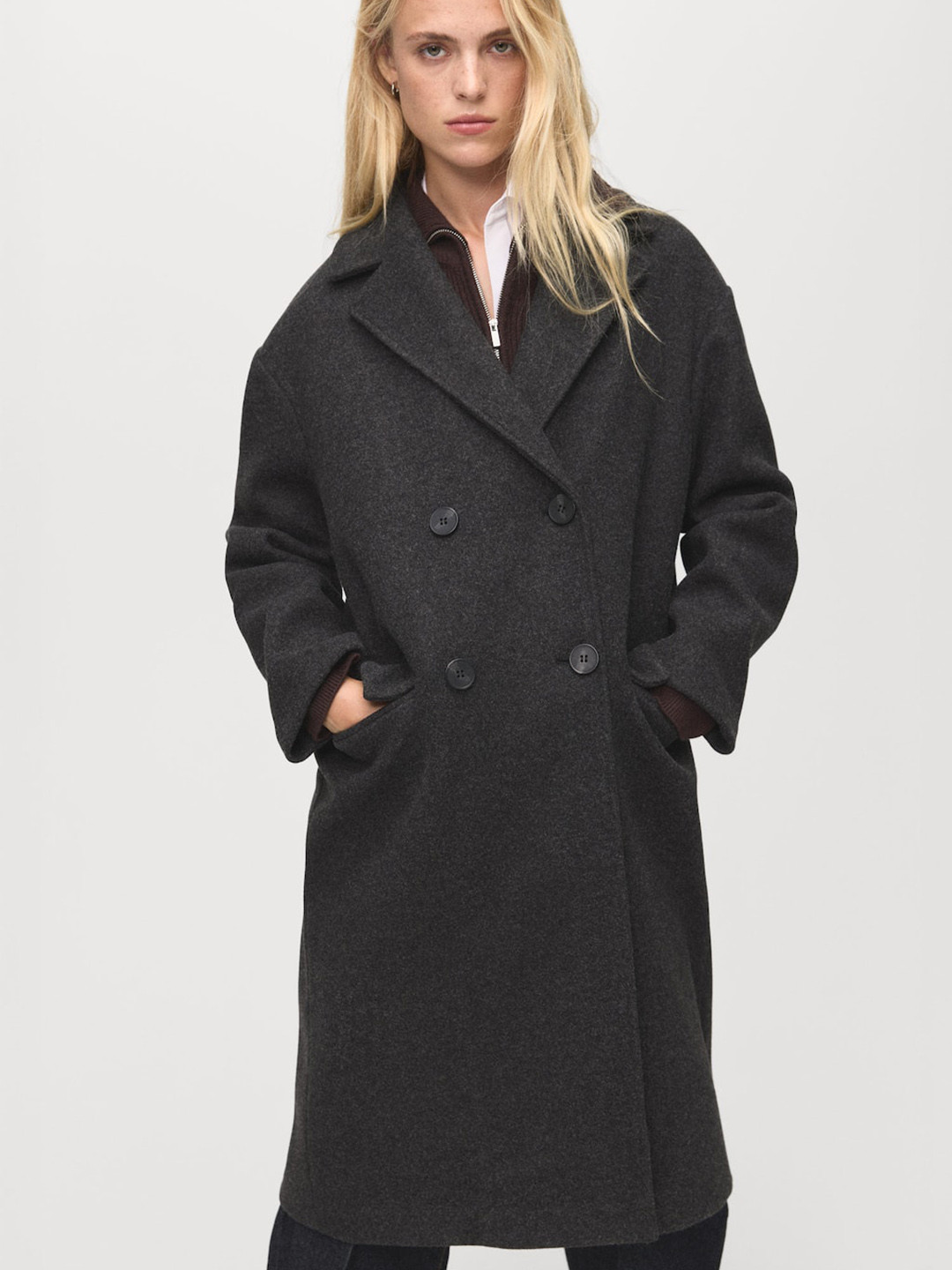 MANGO Notched Lapel Collar Double-Breasted Longline Overcoat