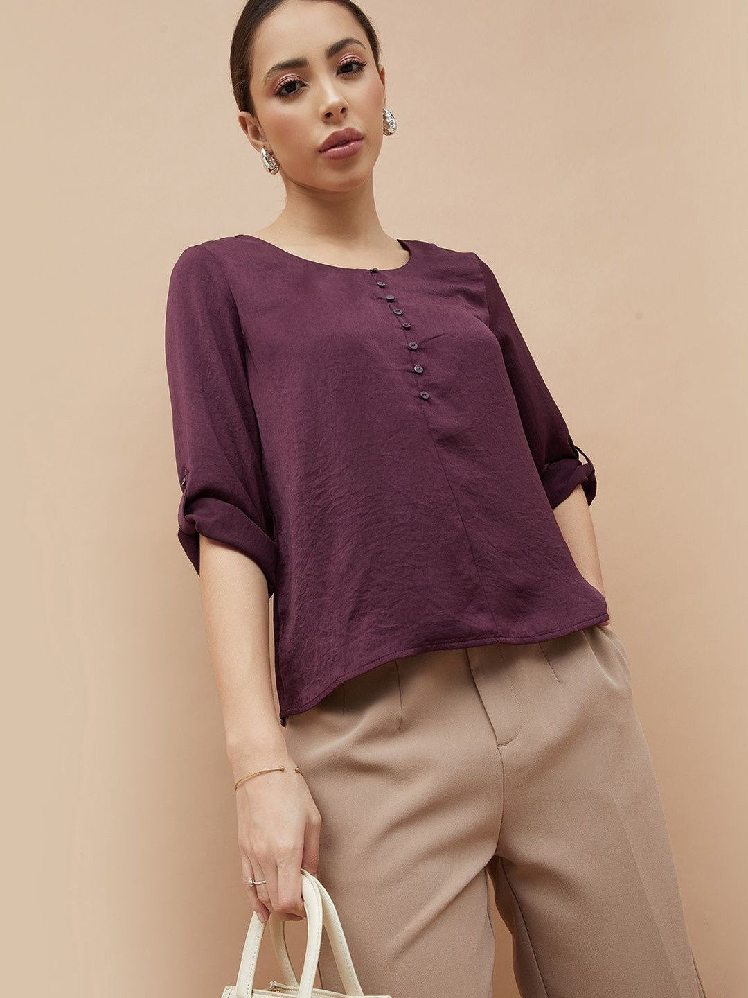 CODE by Lifestyle Women Solid Round Neck Roll-Up Sleeves Regular Top