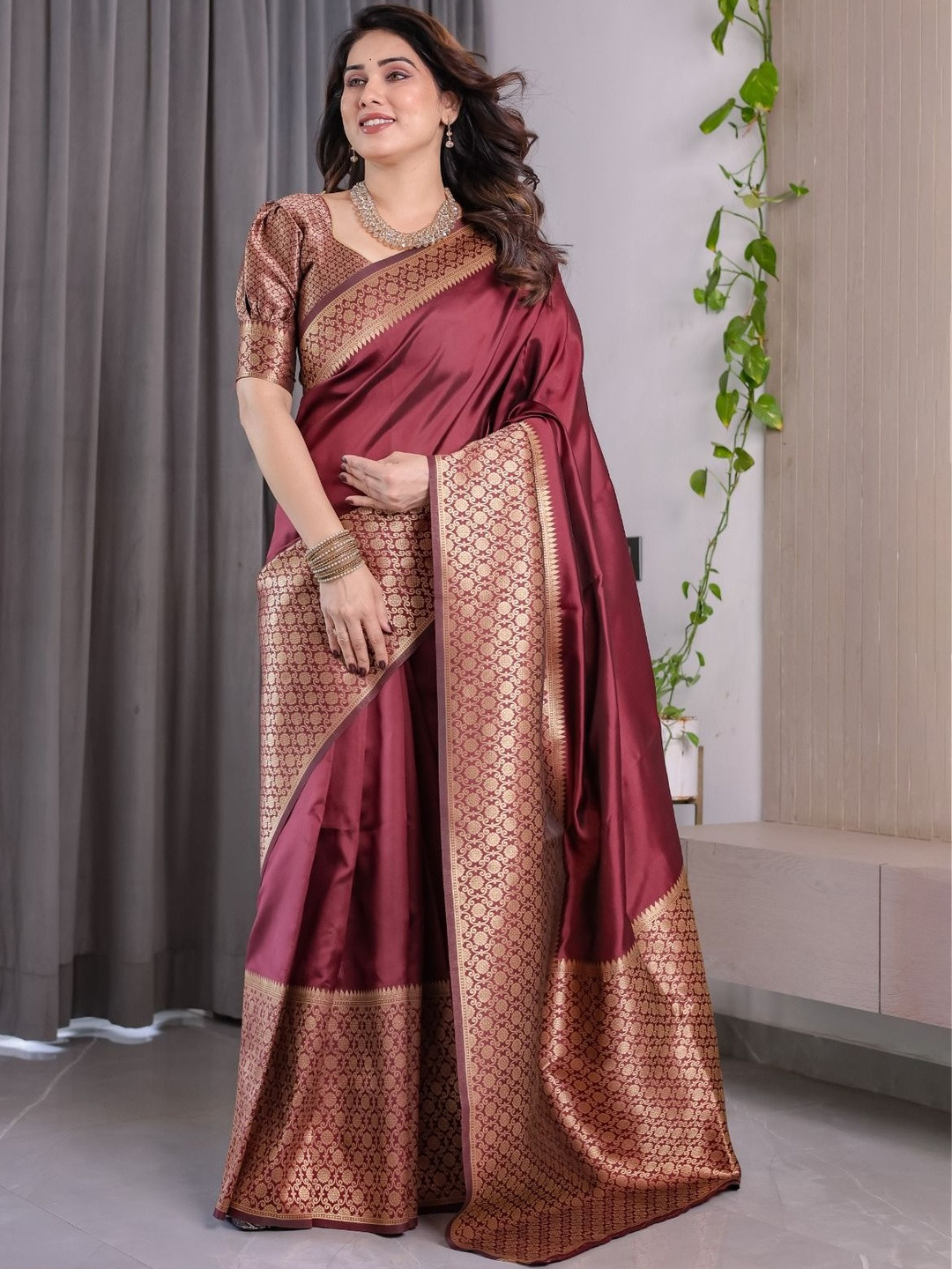 RUNAYA NX Solid Woven Design Zari Banarasi Saree