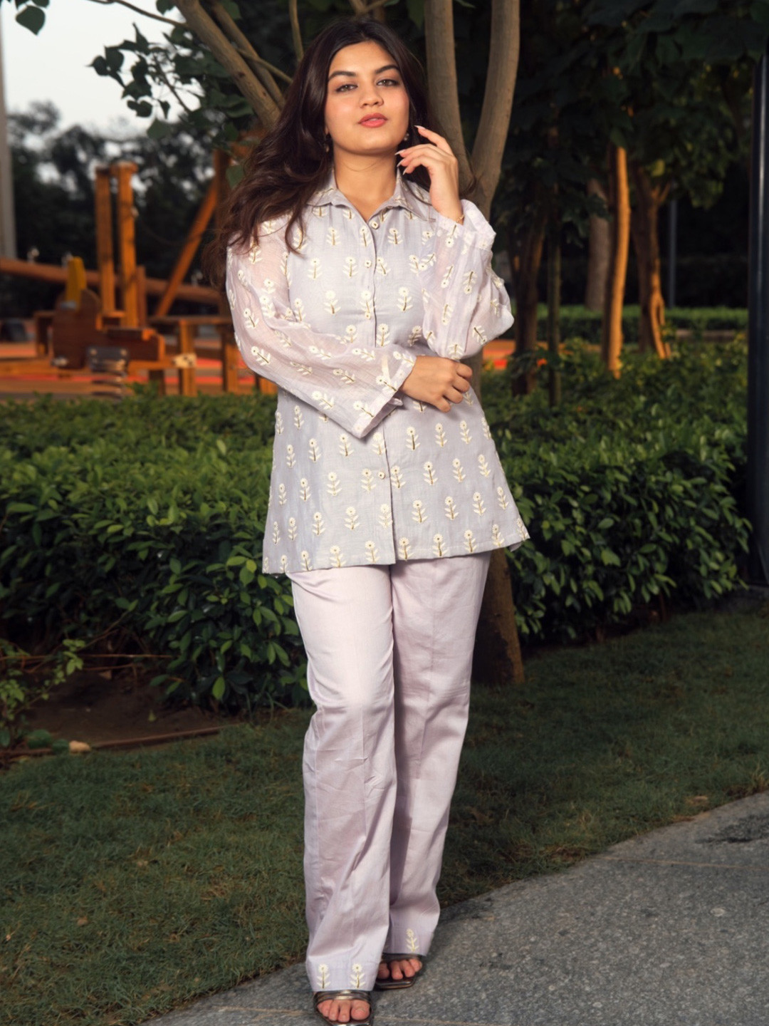 Akaya Embroidered Shirt Collar Neck Shirt With Trousers Co-Ords