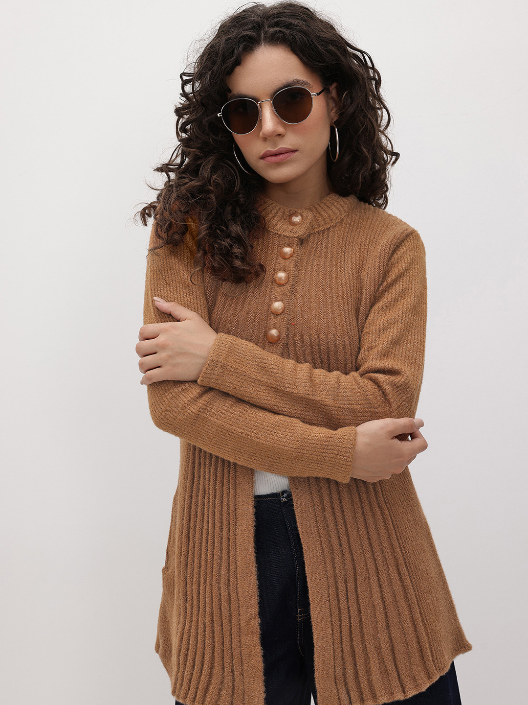 The Roadster Life Co. Striped Textured Knitted Longline Cardigan Sweater