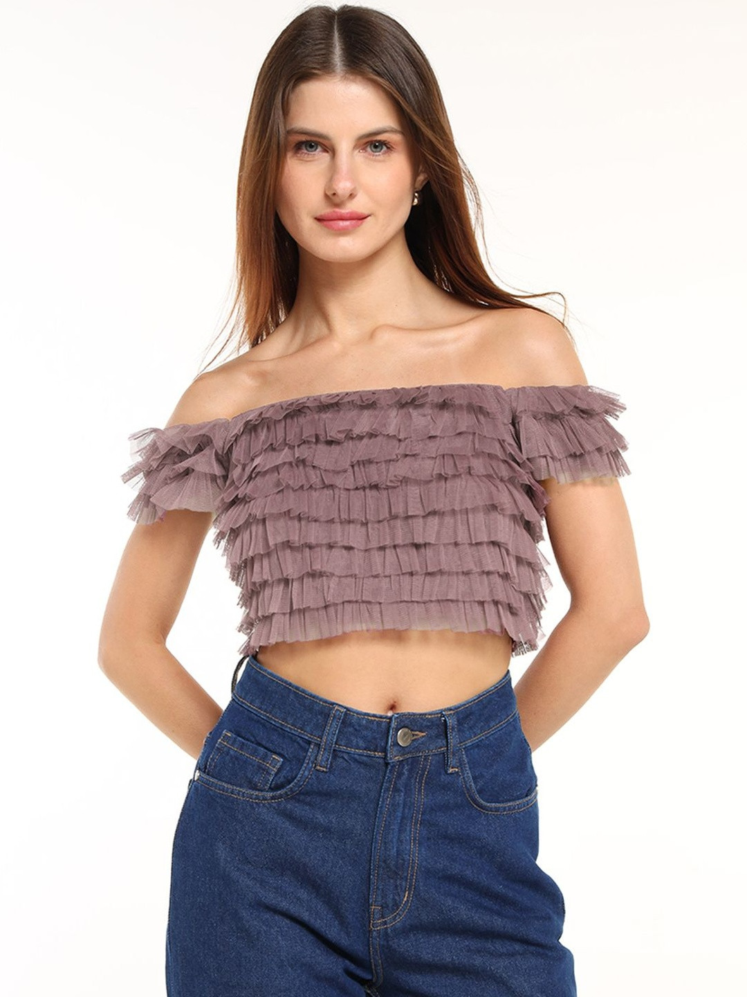 COVER STORY La Vei En Women Off-Shoulder Ruffles Crop Bardot Top