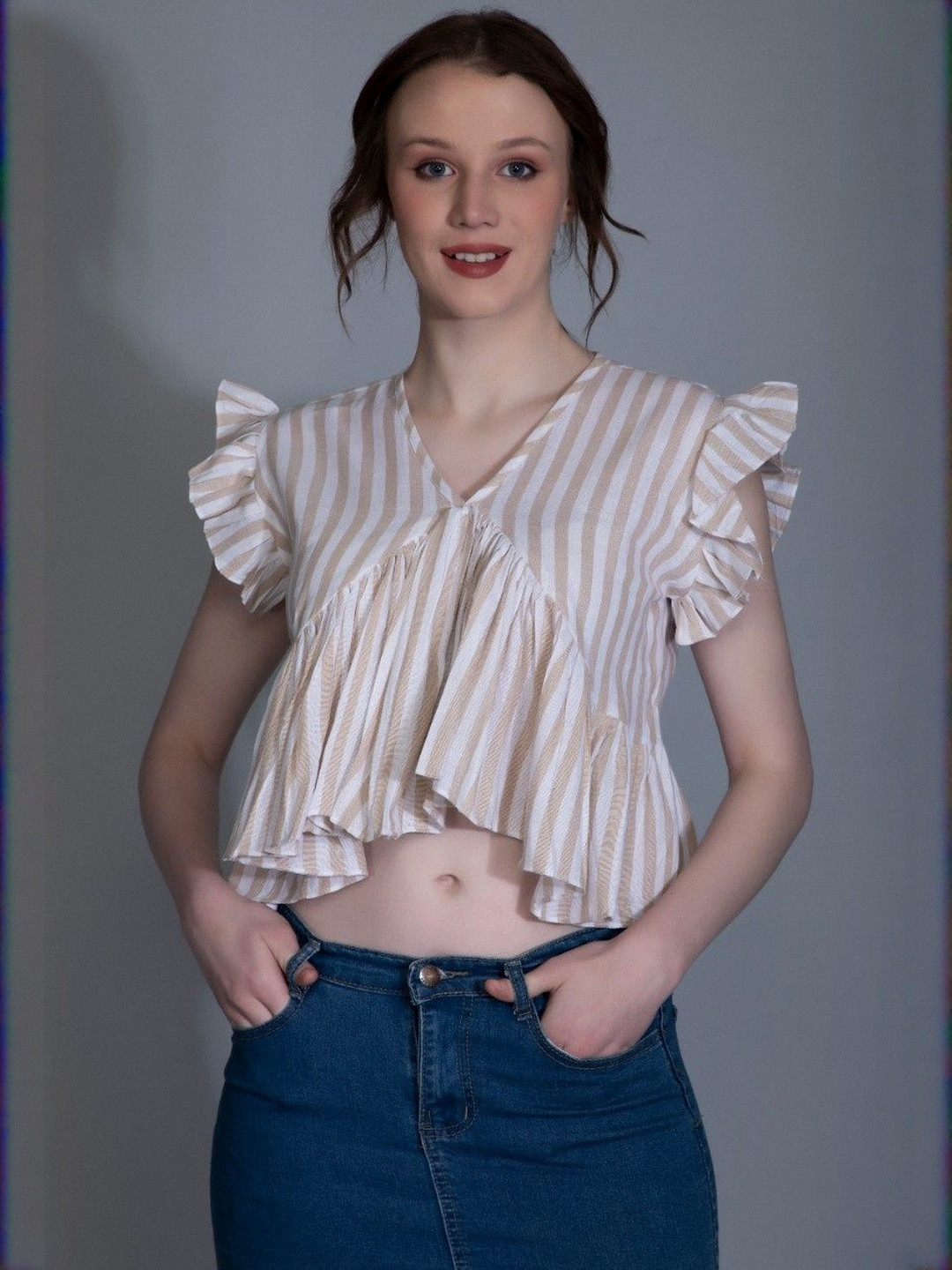 M&H Easy Striped Cotton Flutter Sleeves Peplum Crop Top