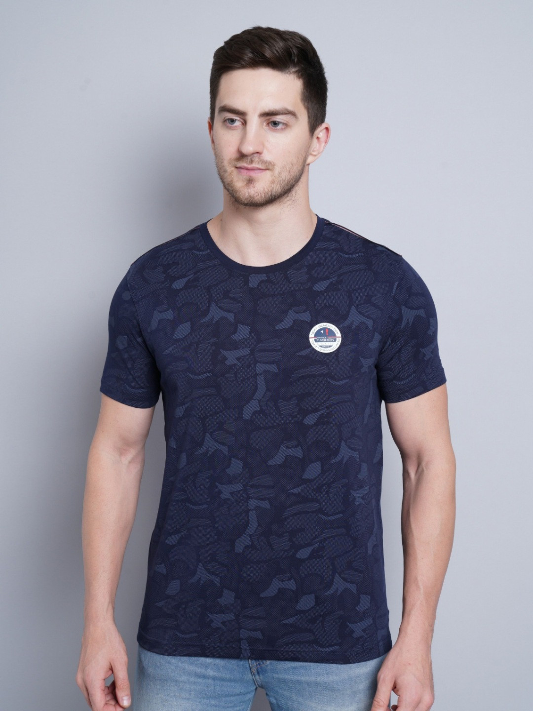 Davno Men Camouflage Printed Round Neck Cotton Slim Fit T-shirt