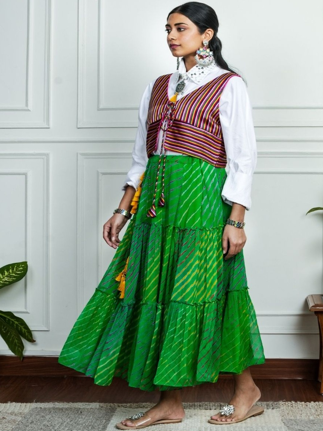 House of Surkh Women Striped Regular Silk Chiffon Top with Skirt