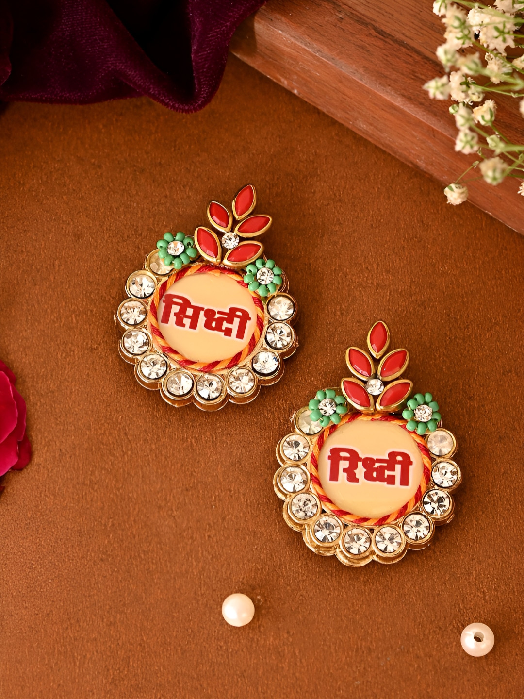 Aapno Rajasthan 2 Pieces Red & White Crystal Studded Shubh Labh Wall Accents Festive Decor