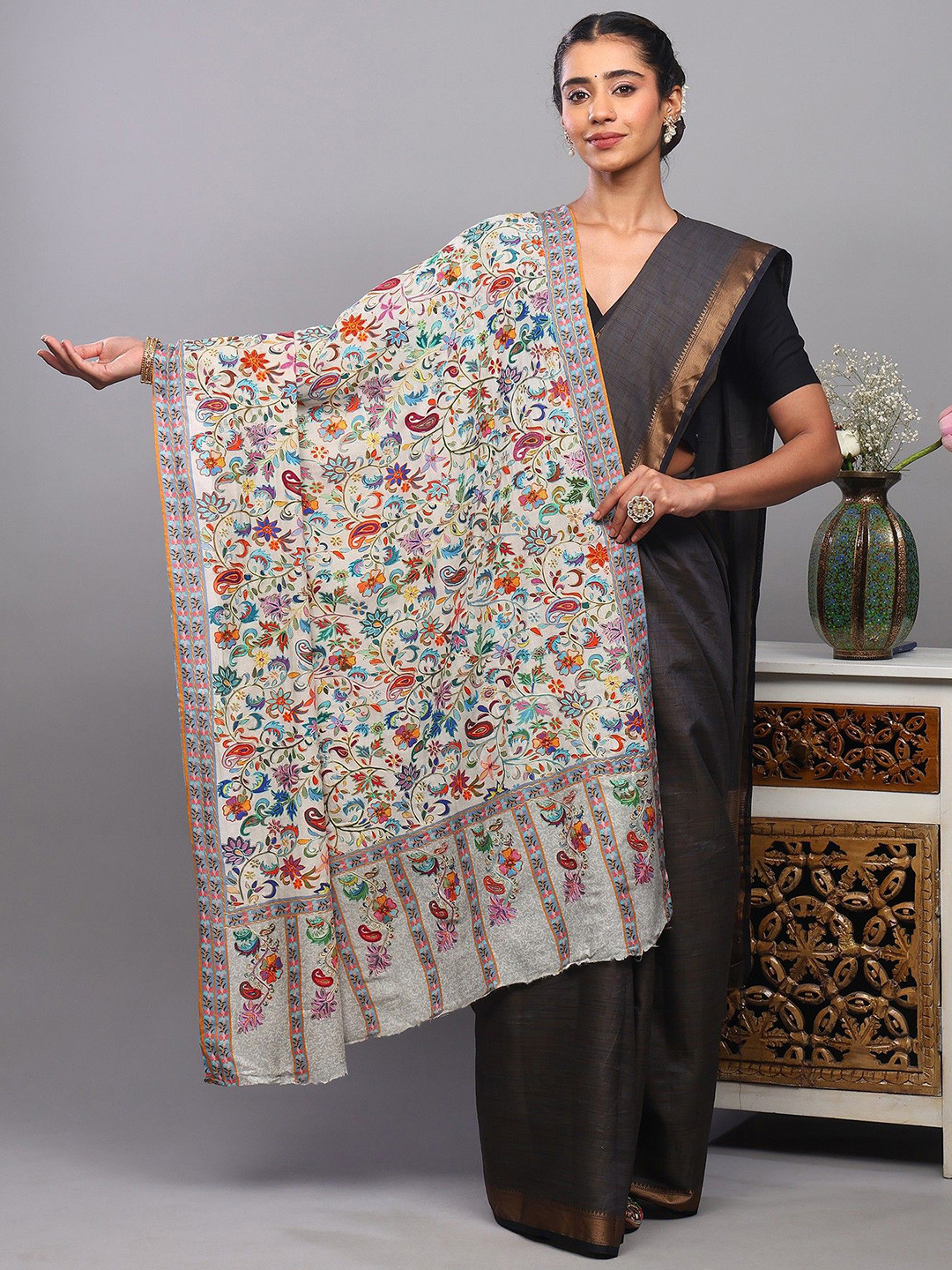 Exotic India Aari Embroidered Kalamkari Wool Silk Shawl With Printed Flowers & Paisley