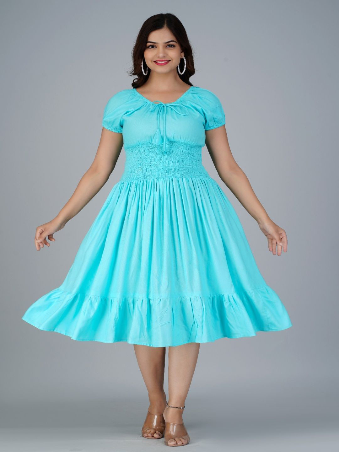 GREAT SELLER Women Tie-Up Neck Smoked Tiered Fit & Flare Dress