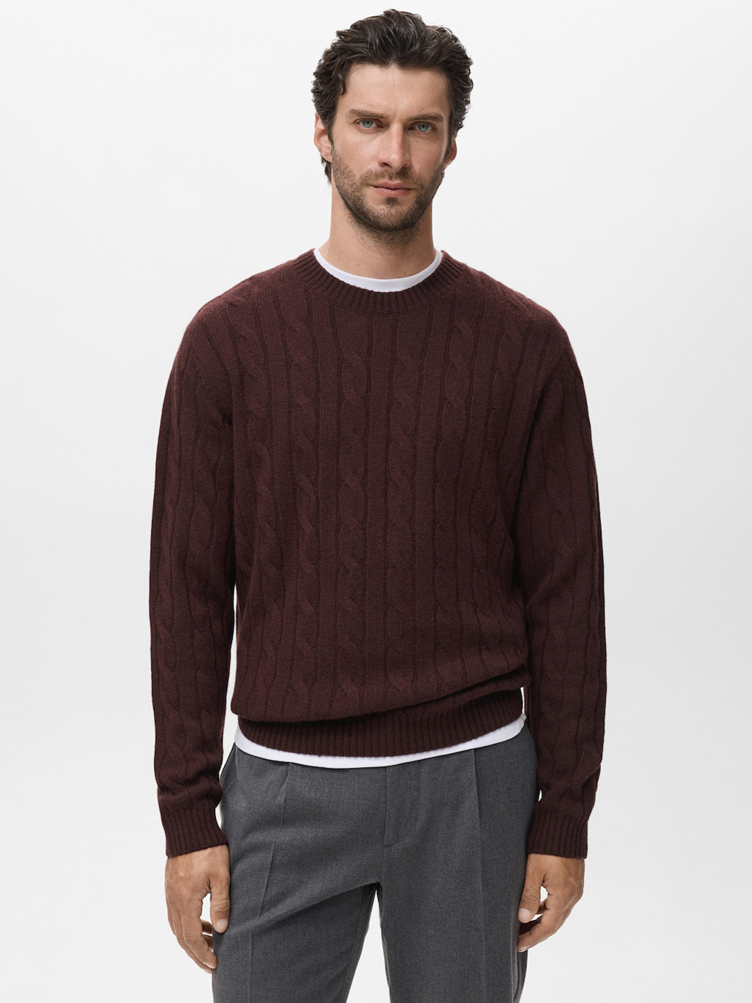 MANGO MAN Pure Wool Cable Knit Pullover Sweater