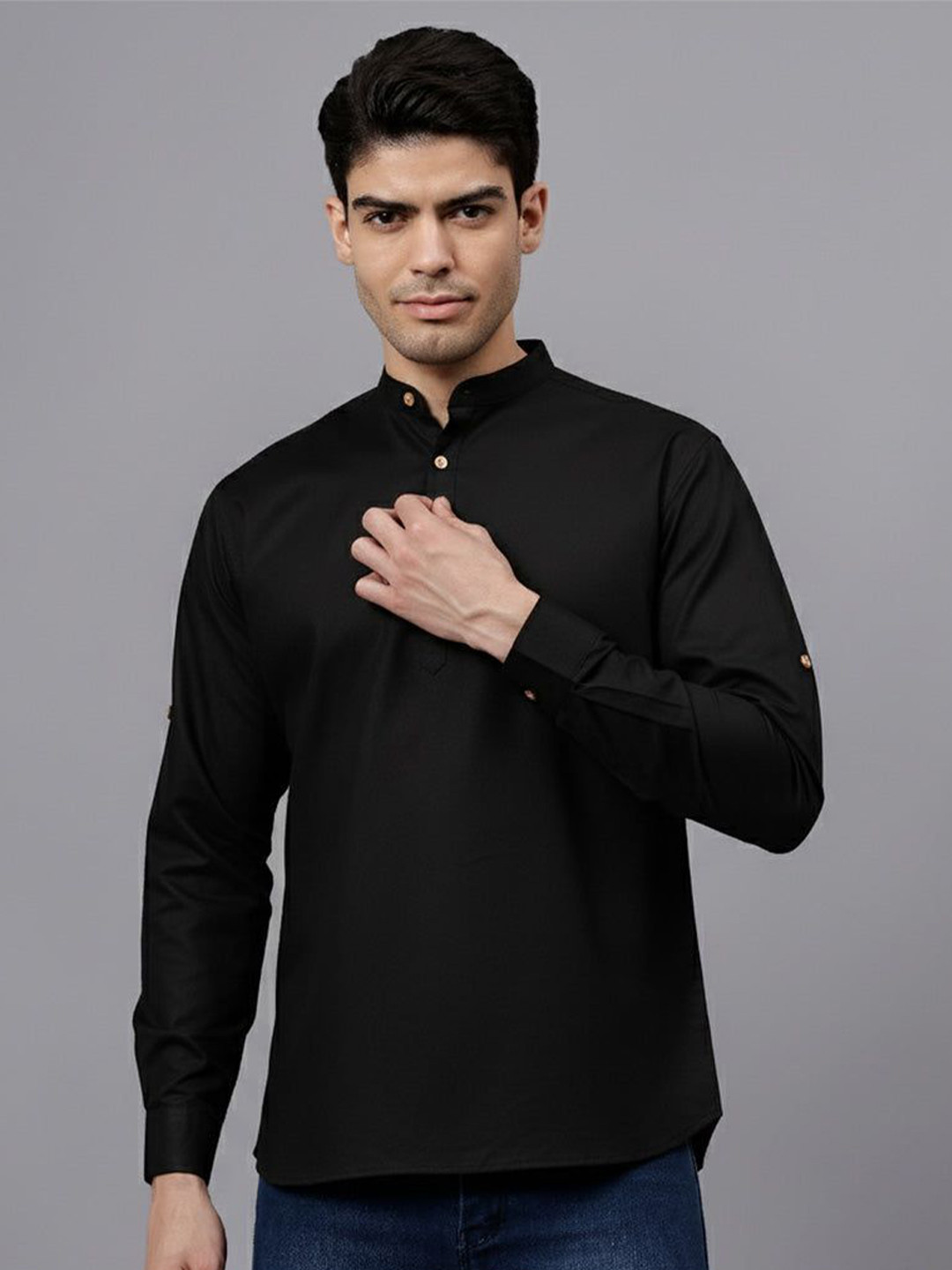 welldonemall Mandarin Collar Roll-Up Sleeves Straight Cotton Kurta