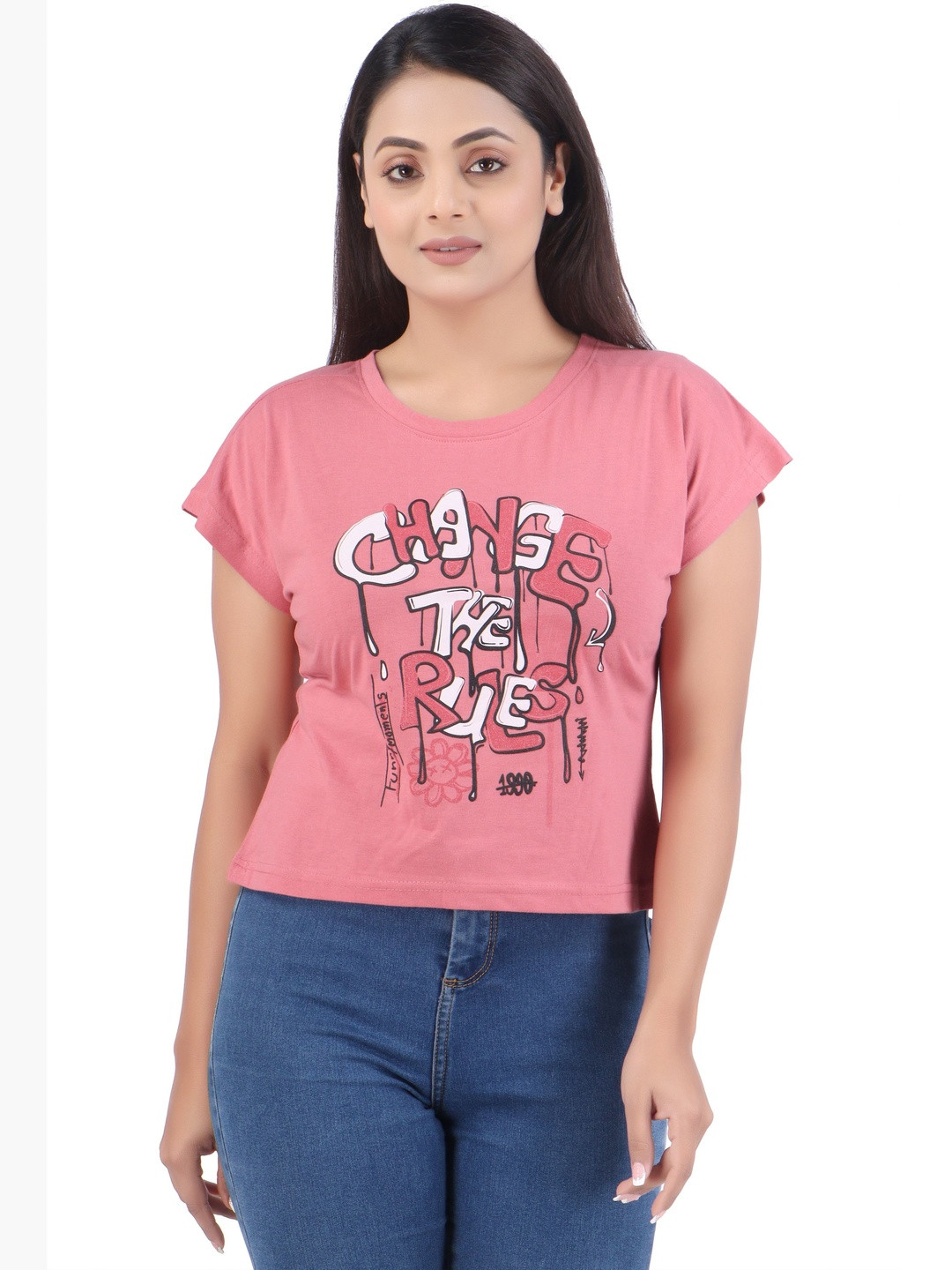 CLINT Women Typography Printed Round Neck Short Sleeves Regular Top