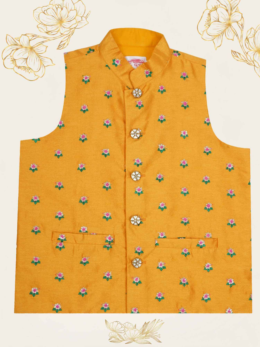 Little Bansi Boys Mulberry Silk Woven Sleeveless Floral Embroidery Nehru Jacket