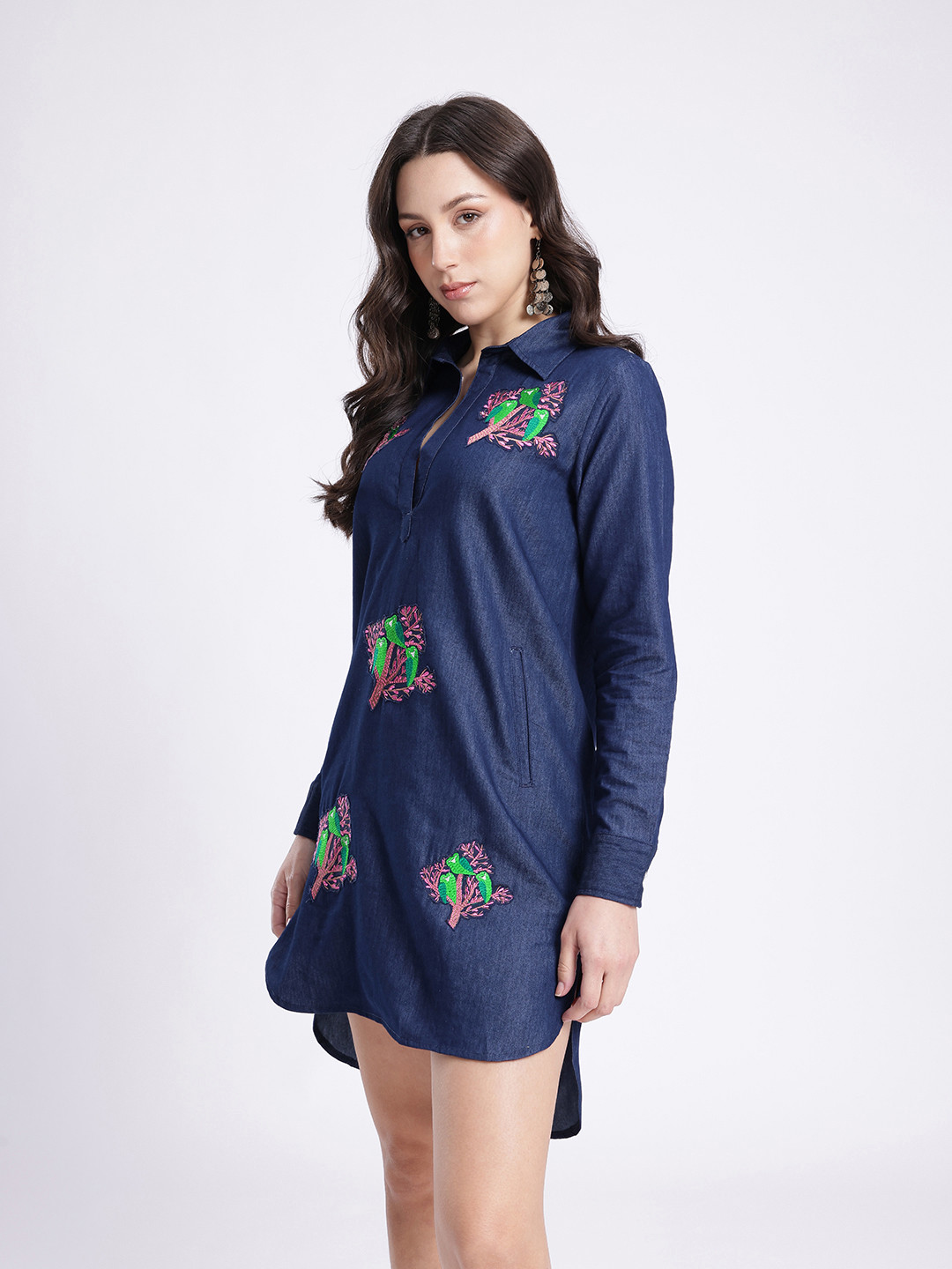 fusion by glitchez Embroidered Applique Chambray Shirt Style Mini Dress