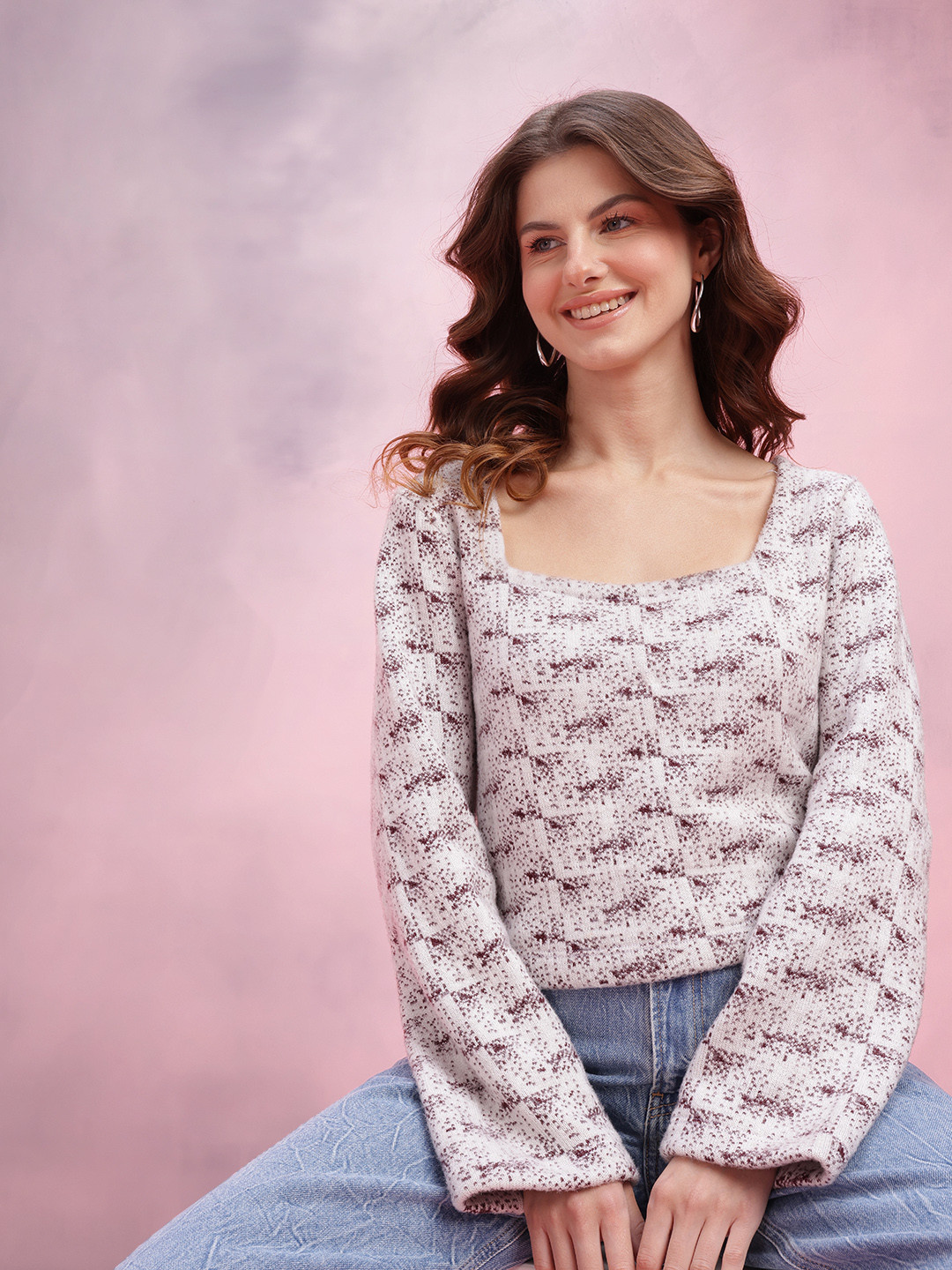 DressBerry Abstract Self Design Square Neck Sweater