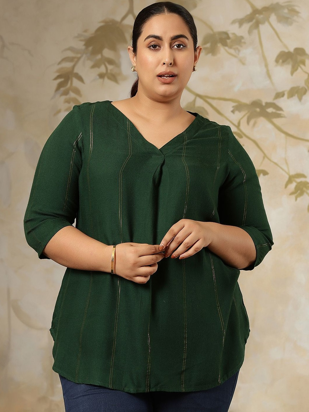 Amydus Women Plus Size Emerald Green Golden Pin Striped V Neck Top