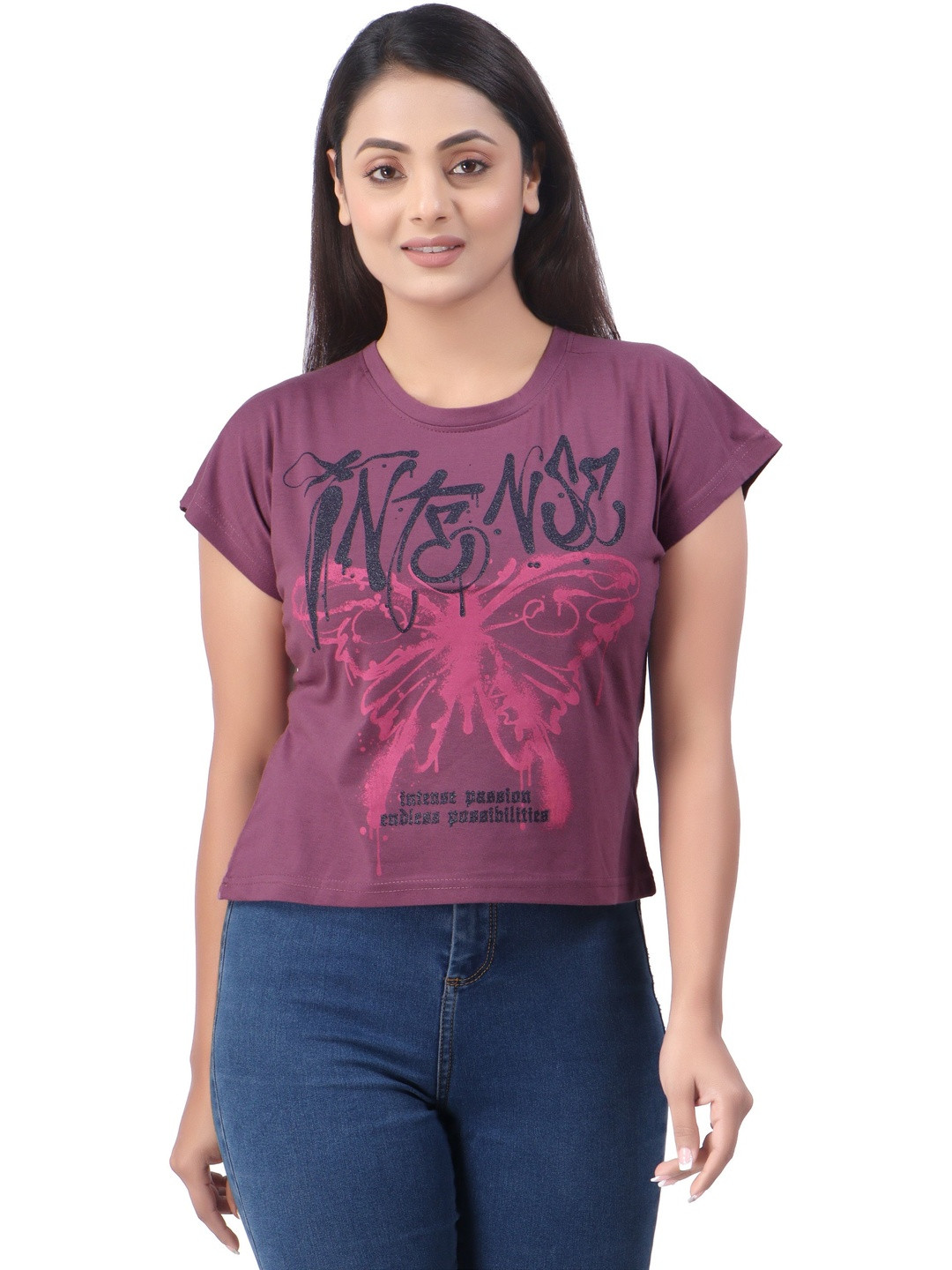 CLINT Women Graphic Printed Round Neck Short Sleeve Top