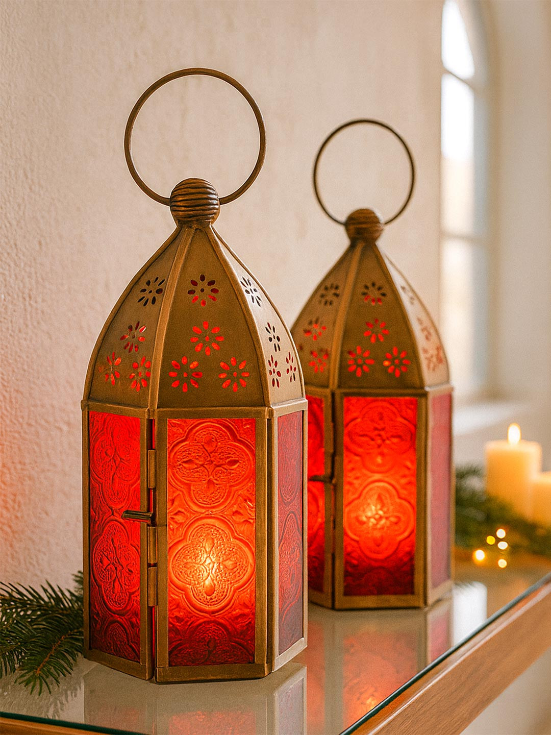 Homesake Red & Brown Table Candle Holder With Tea Lights