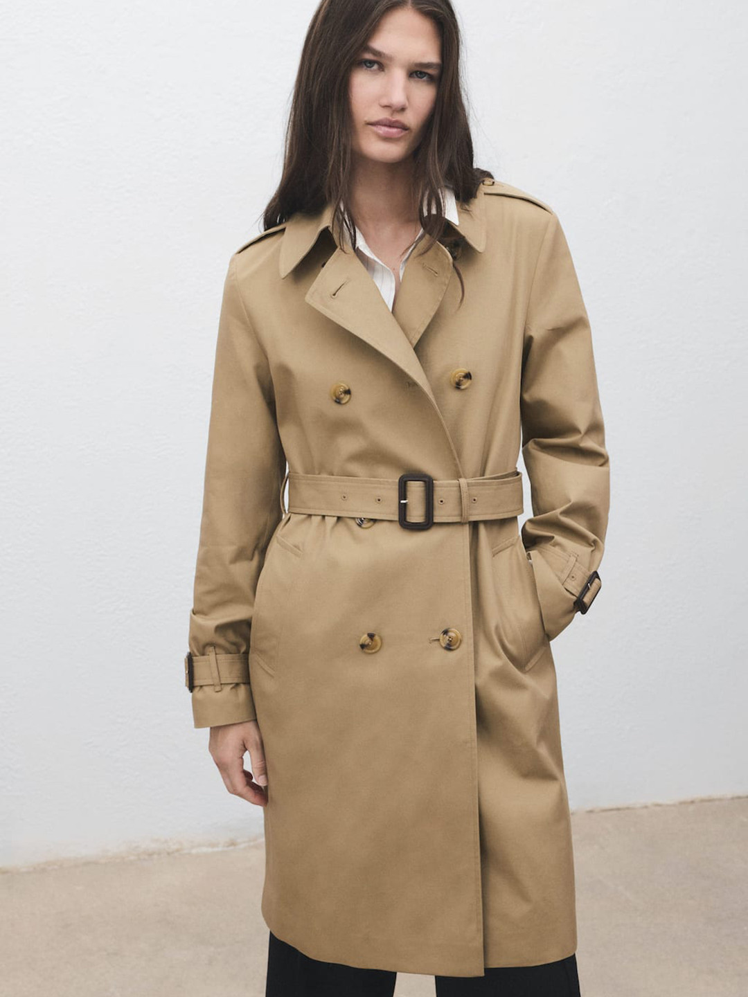MANGO Pure Cotton Double Breasted Notched Lapel Trench Coat