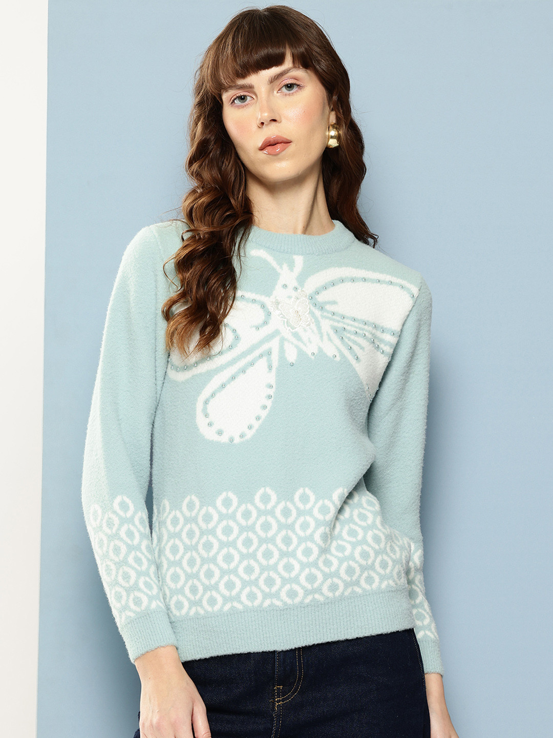 Aarika Conversational Design Studded Fuzzy Pullover