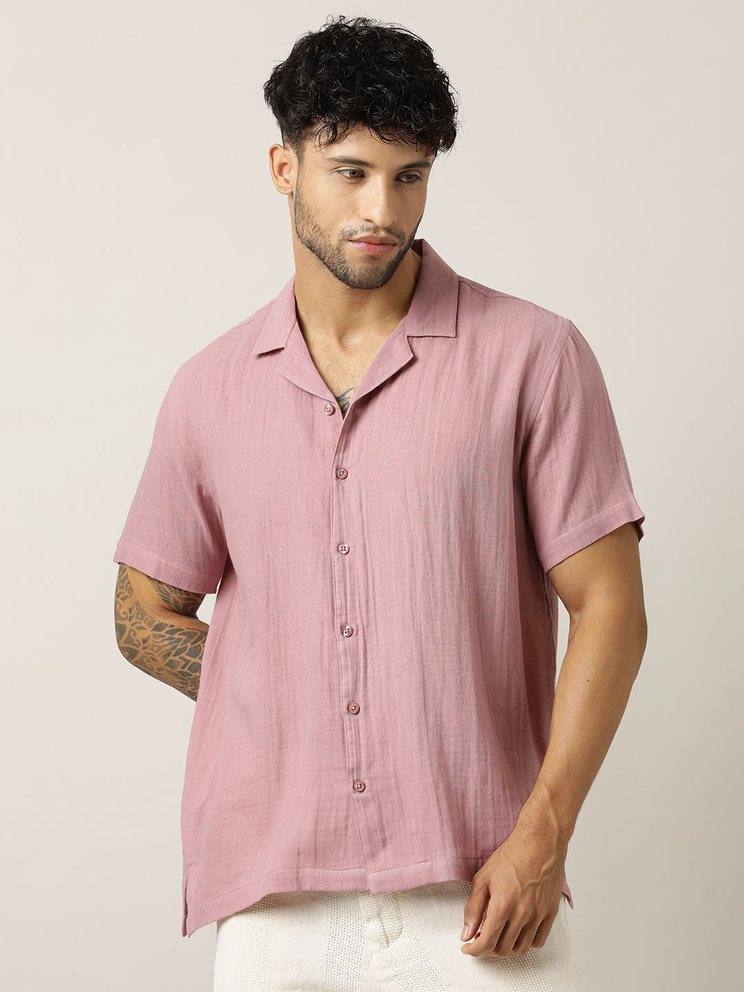 Paper Cut Relaxed Fit Cuban Collar Cotton Shirt