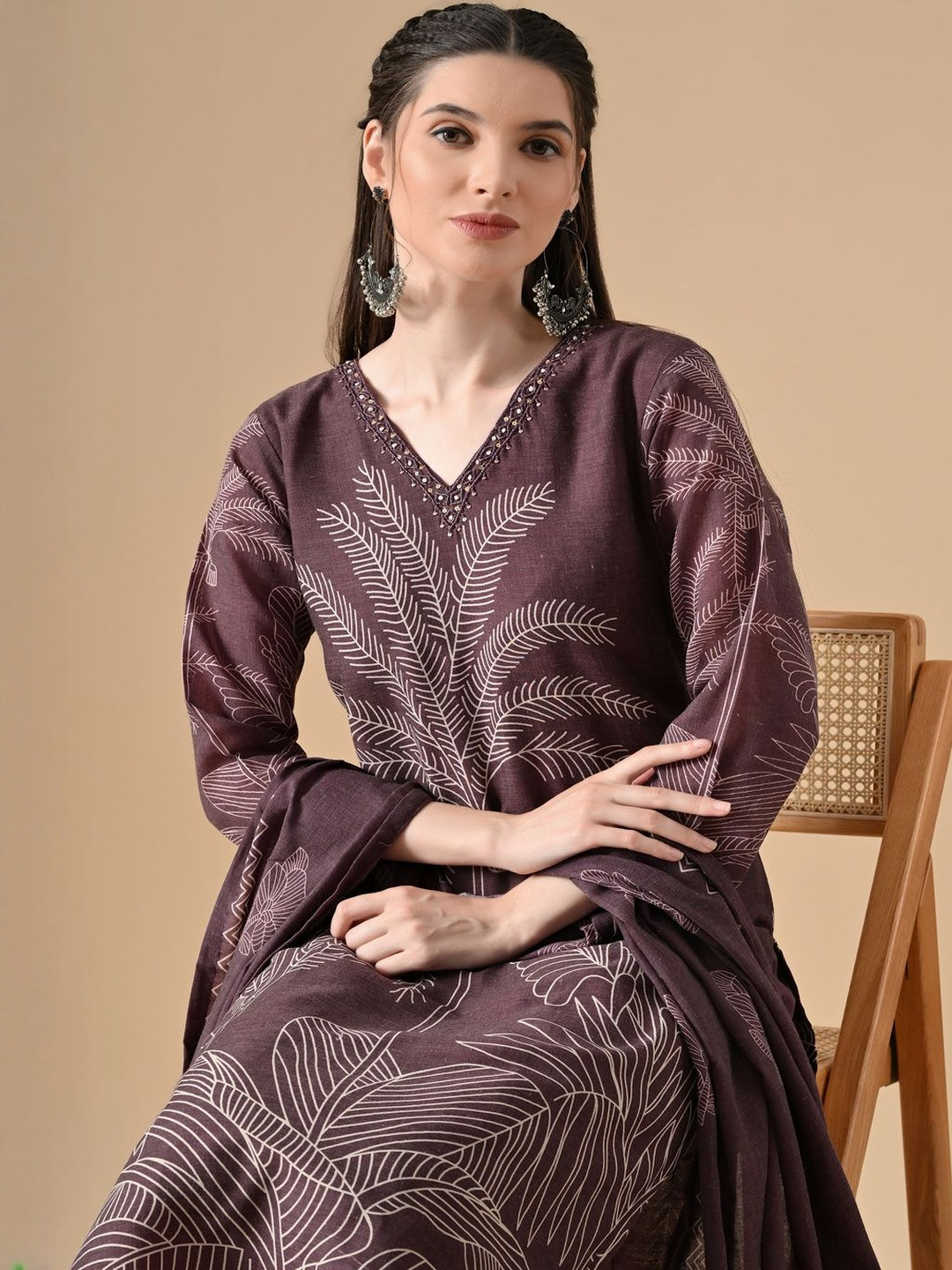 neel & ned Printed V-Neck Beads & Stones Pure Cotton Kurta With Trousers & Dupatta