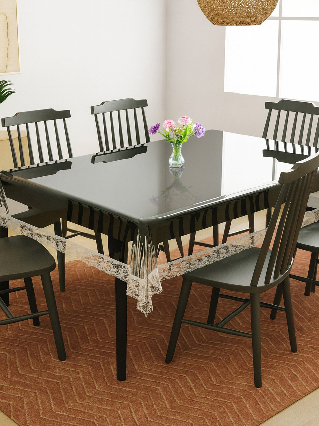 Kuber Industries Transparent 4 Seater Rectangular Dining Table Cover White Lace Border