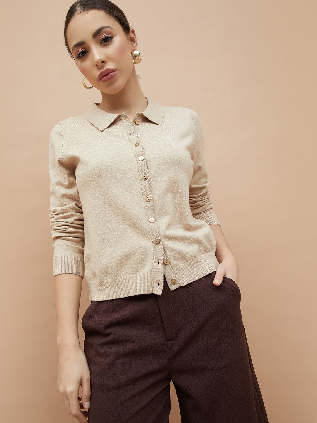 CODE by Lifestyle Women Beige Solid Viscose Rayon Flat Knit Slim Top
